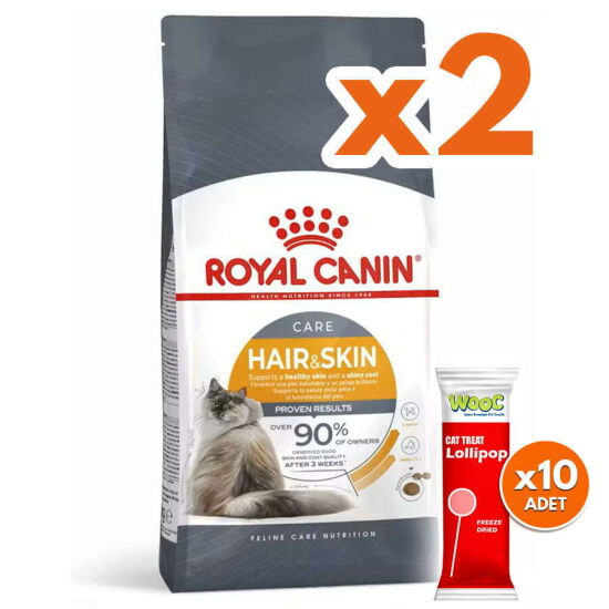 Royal Canin Hair Skin Hassas Tüylü Kedi Maması 4 Kg x 2 Adet + 10 Adet Wooc Lolipop Ödül - 1