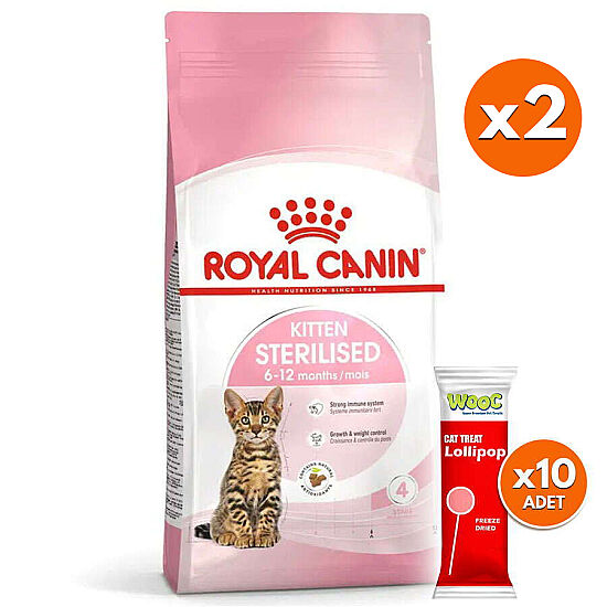 Royal Canin Kitten Sterilised Kısırlaştırılmış Yavru Kedi Maması 2 Kg x 2 Adet + 10 Adet Wooc Lolipop Ödül - 1