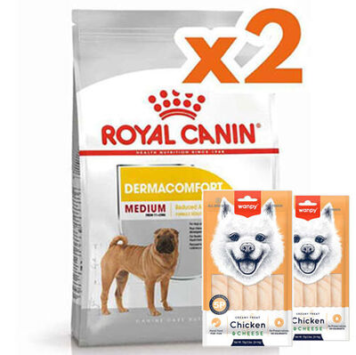 Royal Canin Medium Dermacomfort Deri Sağlığı Köpek Maması 12 Kg x 2 Adet + 2 Adet Wanpy Creamy Treat 5x14 Gr