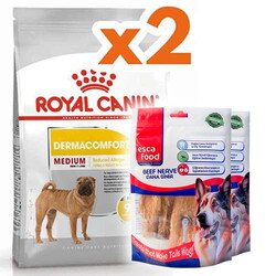 Royal Canin - Royal Canin Medium Dermacomfort Deri Sağlığı Köpek Maması 12 Kg x 2 Adet + 2 Adet Esca Food Köpek Ödülü