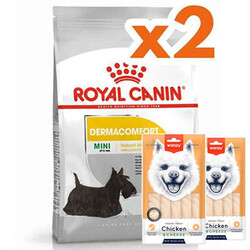 Royal Canin - Royal Canin Mini Dermacomfort Küçük Irk Hassas Köpek Maması 3 Kg x 2 Adet + 2 Adet Wanpy Creamy Treat 5x14 Gr