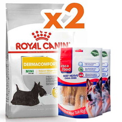 Royal Canin - Royal Canin Mini Dermacomfort Küçük Irk Hassas Köpek Maması 3 Kg x 2 Adet + 2 Adet Esca Food Köpek Ödülü