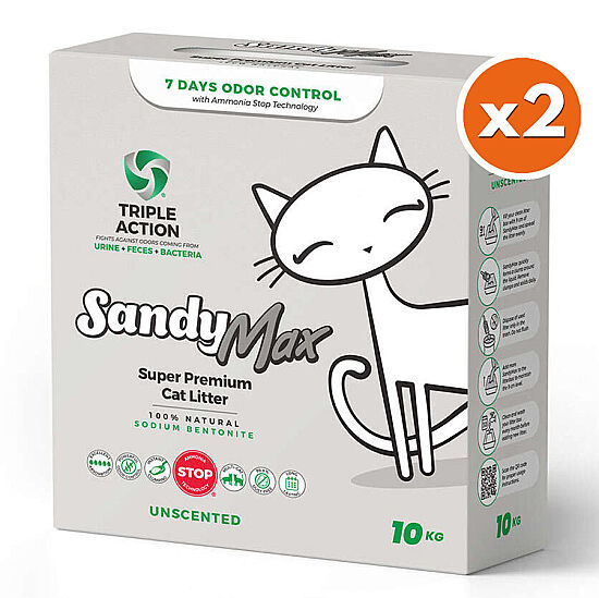 Sandy Max Triple Action Aktif Karbonlu Tozsuz Topaklanan Bentonit Kedi Kumu 10 Lt x 2 Adet - 1