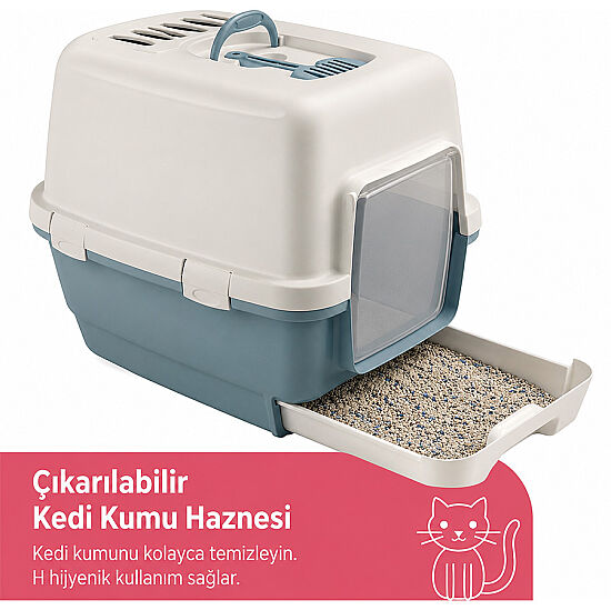 Stefanplast Cathy Clever Çekmeceli Kapalı Kedi Tuvaleti Beyaz/Mavi - 2