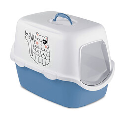 Stefanplast - Stefanplast Griffe Baskılı Kapalı Kedi Tuvaleti Mavi/Beyaz - 56x40x40 Cm