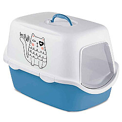 Stefanplast Griffe Baskılı Kapalı Kedi Tuvaleti Mavi/Beyaz - 56x40x40 Cm - Stefanplast