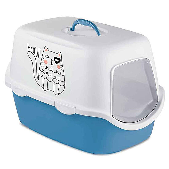 Stefanplast Griffe Baskılı Kapalı Kedi Tuvaleti Mavi/Beyaz - 56x40x40 Cm - 1