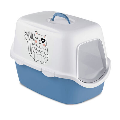 Stefanplast Griffe Baskılı Kapalı Kedi Tuvaleti Mavi/Beyaz - 56x40x40 Cm