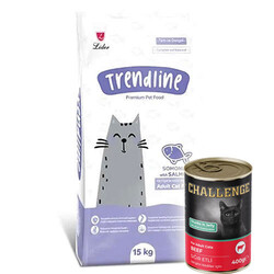 Trendline - Trendline Somonlu Kedi Maması 15 Kg + 5 Adet Challenge 400 Gr Konserve