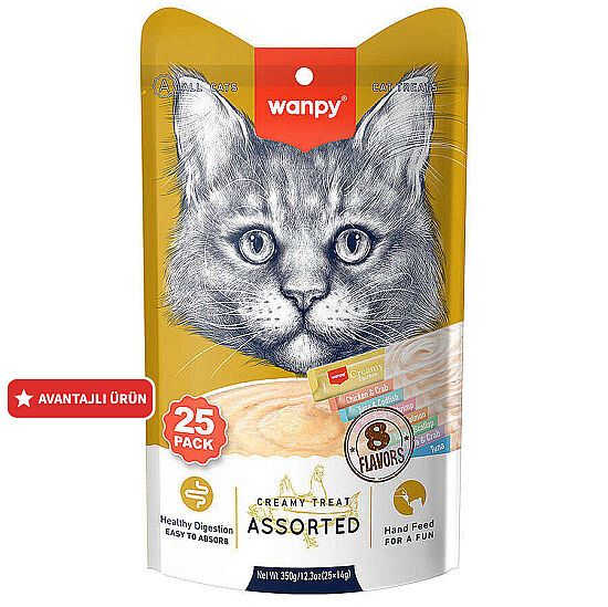 Wanpy Creamy Treat Assorted Karışık 8 Lezzetli Likit Creamy Kedi Ödülü 25Li Paket (25 x 14 Gr) - 1