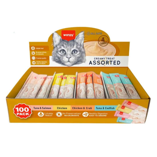 Wanpy Creamy Treat Assorted Karışık 4 Lezzetli Likit Creamy Kedi Ödülü 100lü Paket (100 x 14 Gr) - 1