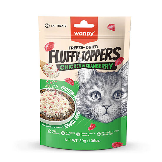 Wanpy Fluffy Toppers Tavuklu ve Kızılcıklı Mama Üstü Kedi Ödülü 30 Gr - 1