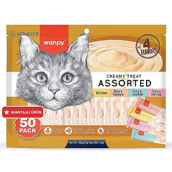 Wanpy Creamy Treat Assorted Karışık 4 Lezzetli Likit Creamy Kedi Ödülü 50Li Paket (50 x 14 Gr) - 1