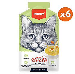 Wanpy Meat Broth Kediler için Bal Kabağı ve Havuçlu Tavuk Eti Tahılsız Ek Besin Çorbası 50 Gr x 6 Adet - Wanpy