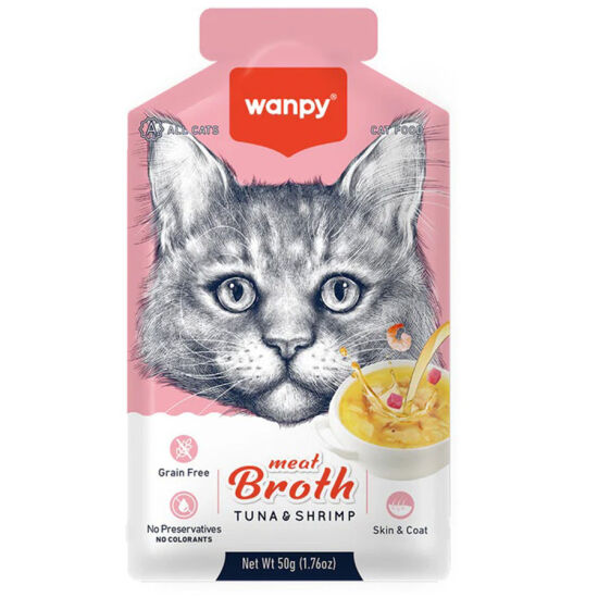 Wanpy Meat Broth Kediler için Karidesli ve Ton Balığı Eti Tahılsız Ek Besin Çorbası 50 Gr - 1
