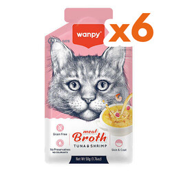 Wanpy Meat Broth Kediler için Karidesli ve Ton Balığı Eti Tahılsız Ek Besin Çorbası 50 Gr x 6 Adet - Wanpy