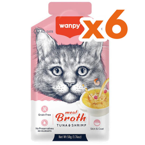 Wanpy Meat Broth Kediler için Karidesli ve Ton Balığı Eti Tahılsız Ek Besin Çorbası 50 Gr x 6 Adet - 1