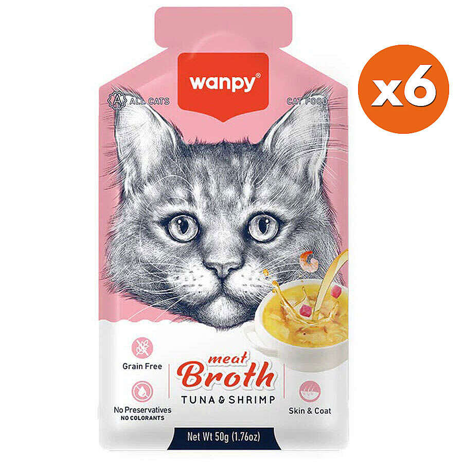 Wanpy Meat Broth Kediler için Karidesli ve Ton Balığı Eti Tahılsız Ek Besin Çorbası 50 Gr x 6 Adet
