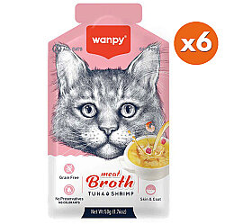 Wanpy Meat Broth Kediler için Karidesli ve Ton Balığı Eti Tahılsız Ek Besin Çorbası 50 Gr x 6 Adet - Wanpy
