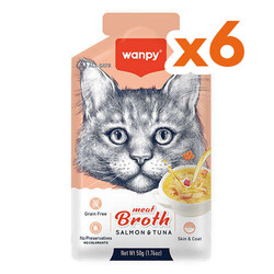 Wanpy Meat Broth Kediler için Somon ve Ton Balığı Eti Tahılsız Ek Besin Çorbası 50 Gr x 6 Adet - Wanpy