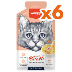 Wanpy Meat Broth Kediler için Somon ve Ton Balığı Eti Tahılsız Ek Besin Çorbası 50 Gr x 6 Adet - Wanpy