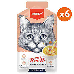 Wanpy Meat Broth Kediler için Somon ve Ton Balığı Eti Tahılsız Ek Besin Çorbası 50 Gr x 6 Adet - Wanpy