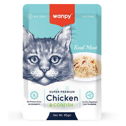 Wanpy - Wanpy Super Premium Pouch Tavuklu ve Morina Balıklı Yaş Kedi Maması 85 Gr