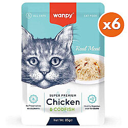 Wanpy Super Premium Pouch Tavuklu ve Morina Balıklı Yaş Kedi Maması 85 Gr x 6 Adet - Wanpy