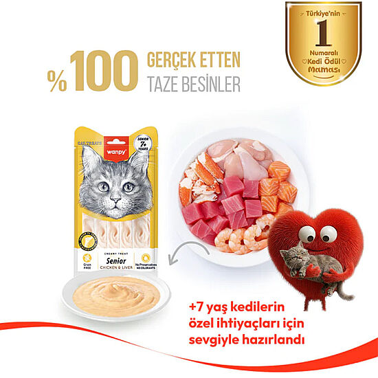 Wanpy Senior Tavuklu ve Ciğerli 7+ Yaş Yaşlı Kedi Krema Ödülü 5x14 Gr - 2