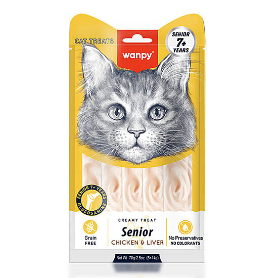 Wanpy Senior Tavuklu ve Ciğerli 7+ Yaş Yaşlı Kedi Krema Ödülü 5x14 Gr - 1