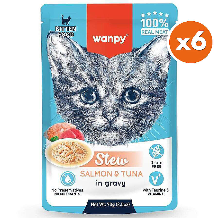 Wanpy Stew Kitten Pouch Somon ve Ton Balıklı Yavru Kedi Yaş Maması 70 Gr x 6 Adet
