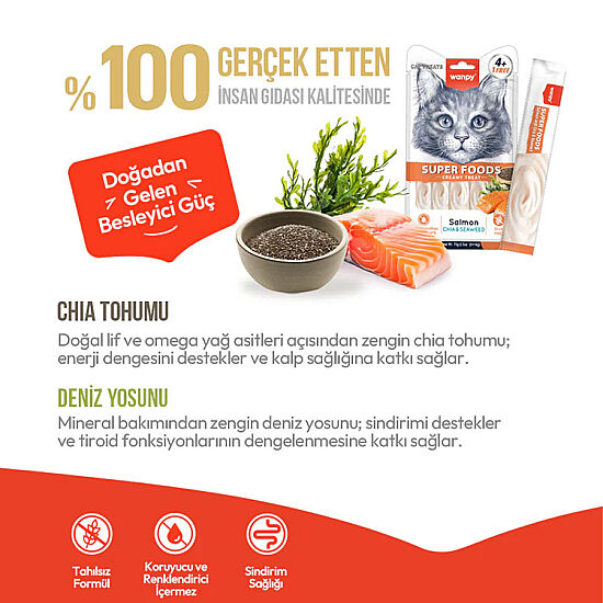 Wanpy Superfood Somonlu, Chia ve Deniz Yosunlu Krema Kedi Ödülü 5x14 Gr - 3