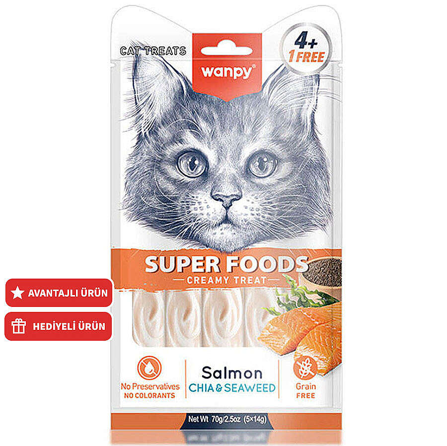 Wanpy Superfood Somonlu, Chia ve Deniz Yosunlu Krema Kedi Ödülü 5x14 Gr