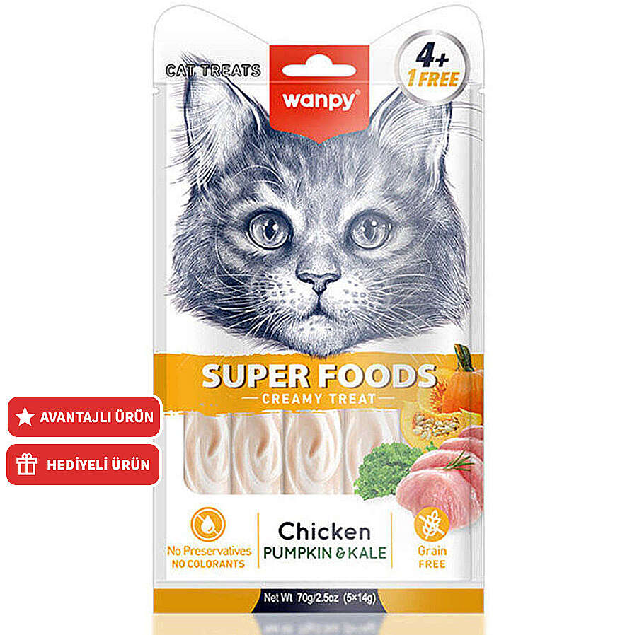 Wanpy Superfood Tavuklu Balkabağı ve Kara Lahanalı Krema Kedi Ödülü 5x14 Gr