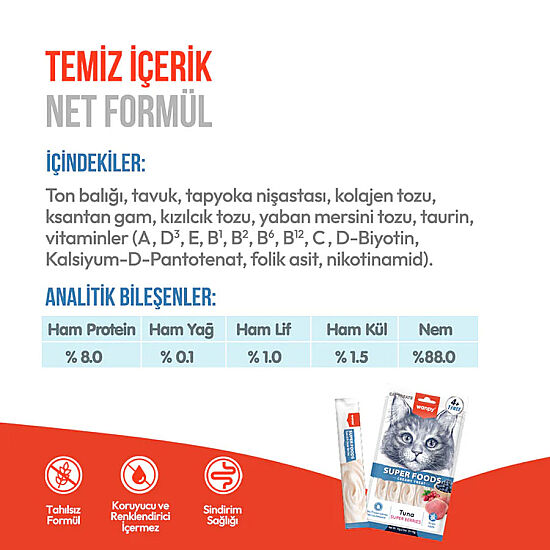 Wanpy Superfood Ton Balıklı, Yaban Mersini ve Kızılcıklı Krema Kedi Ödülü 5x14 Gr - 4
