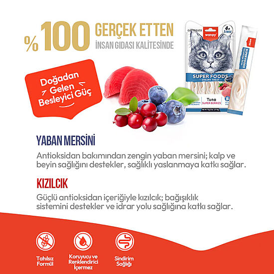 Wanpy Superfood Ton Balıklı, Yaban Mersini ve Kızılcıklı Krema Kedi Ödülü 5x14 Gr - 4