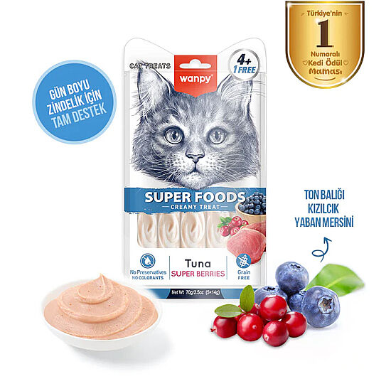 Wanpy Superfood Ton Balıklı, Yaban Mersini ve Kızılcıklı Krema Kedi Ödülü 5x14 Gr - 3