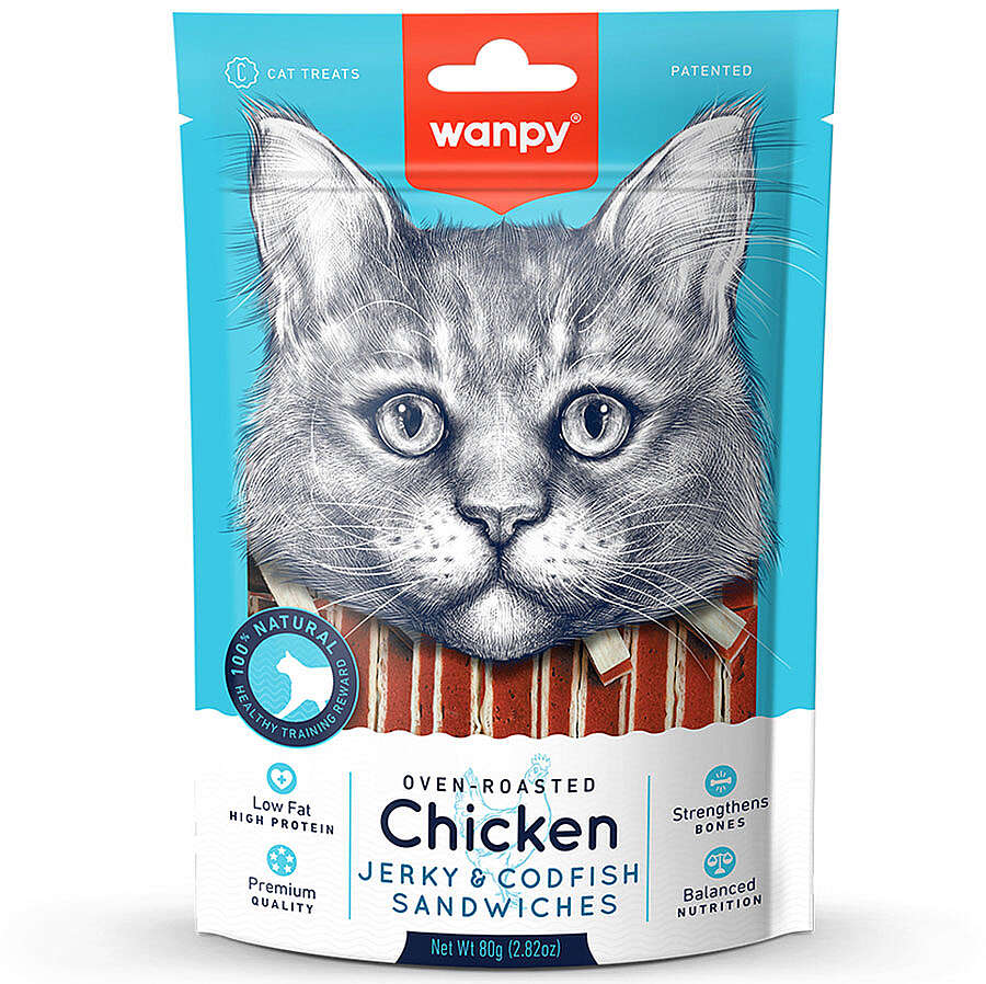 Wanpy Oven Roasted Jerky Sandwiches Tavuklu Ve Morina Balıklı Kedi Ödülü 80 Gr