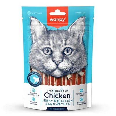 Wanpy Oven Roasted Jerky Sandwiches Tavuklu Ve Morina Balıklı Kedi Ödülü 80 Gr
