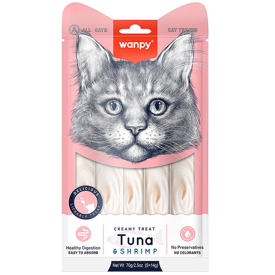 Wanpy Creamy Treat Ton Balık ve Karidesli Likit Creamy Kedi Ödülü 5Li Paket (5 x 14 Gr)