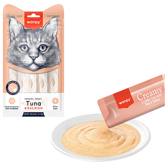 Wanpy Creamy Treat Ton Balık ve Somonlu Likit Creamy Kedi Ödülü 5Li Paket (5 x 14 Gr) - 2