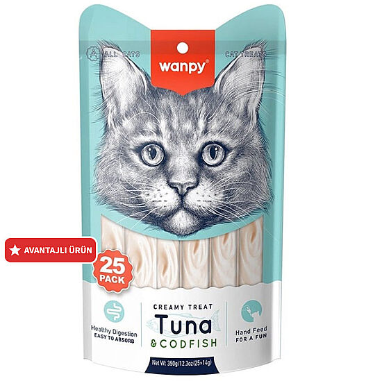 Wanpy Creamy Treat Ton Balıklı ve Morina Balıklı Likit Creamy Kedi Ödülü 25Li Paket (25 x 14 Gr) - 1