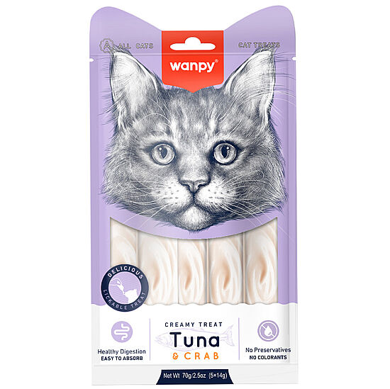 Wanpy Creamy Treat Ton Balıklı ve Yengeçli Likit Creamy Kedi Ödülü 5Li Paket (5 x 14 Gr) - 1