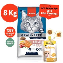 Wanpy with Oven Baked Bites Tahılsız Somonlu Yetişkin Kedi Kuru Maması 8 Kg + Gimcat Kedi Pudingi 150 Gr - Wanpy