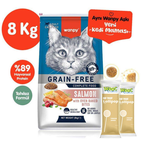 Wanpy with Oven Baked Bites Tahılsız Somonlu Kedi Kuru Maması 8 Kg + 2 Adet Wooc Lolipop Ödül - 1