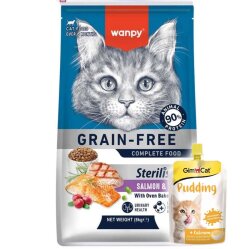 Wanpy with Oven Baked Bites Tahılsız Sterilised Somon ve Ton Balıklı Kısırlaştırılmış Kedi Kuru Maması 8 Kg + Gimcat Kedi Pudingi 150 Gr - Wanpy