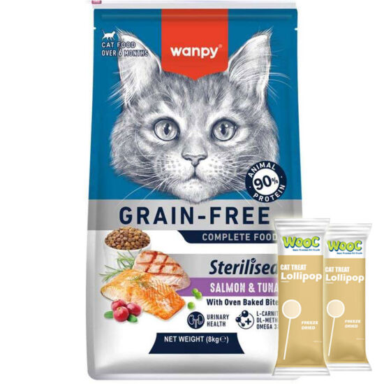 Wanpy with Oven Baked Bites Tahılsız Sterilised Somon ve Ton Balıklı Kısırlaştırılmış Kedi Kuru Maması 8 Kg + 2 Adet Wooc Lolipop Ödül - 1