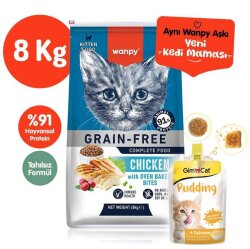 Wanpy Kitten with Oven Baked Bites Tahılsız Tavuklu Yavru Kedi Kuru Maması 8 Kg + Gimcat Kedi Pudingi 150 Gr - Wanpy