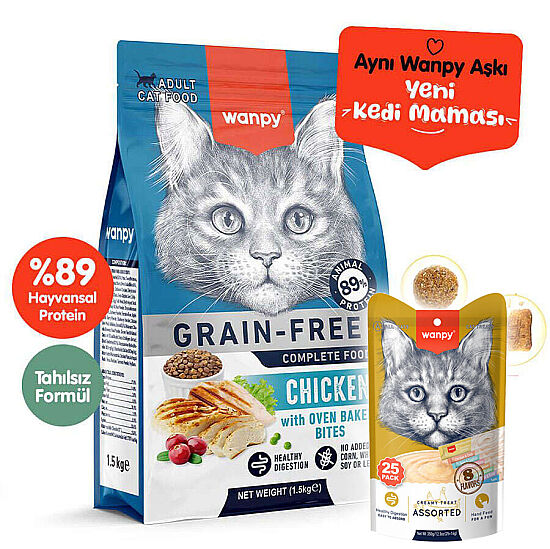Wanpy with Oven Baked Bites Tahılsız Tavuklu Kedi Kuru Maması 1,5 Kg + Wanpy 25'li Krema Ödül - 1