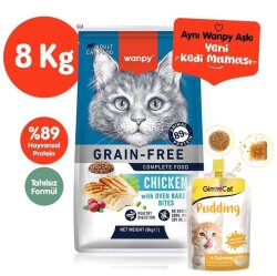 Wanpy with Oven Baked Bites Tahılsız Tavuklu Yetişkin Kedi Kuru Maması 8 Kg + Gimcat Kedi Pudingi 150 Gr - Wanpy